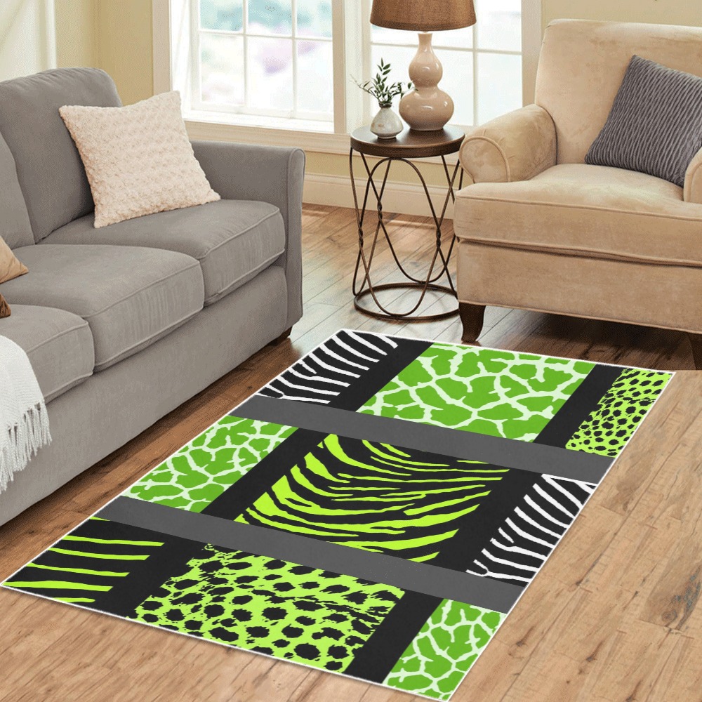 White and Light Green Mixed Animal Print Area Rug 5'3''x4'