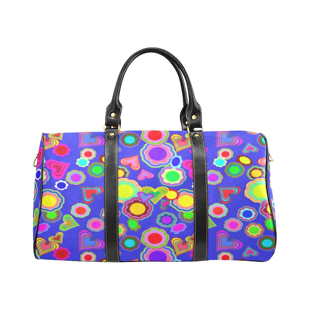 Groovy Hearts and Flowers Blue New Waterproof Travel Bag/Small (Model 1639)