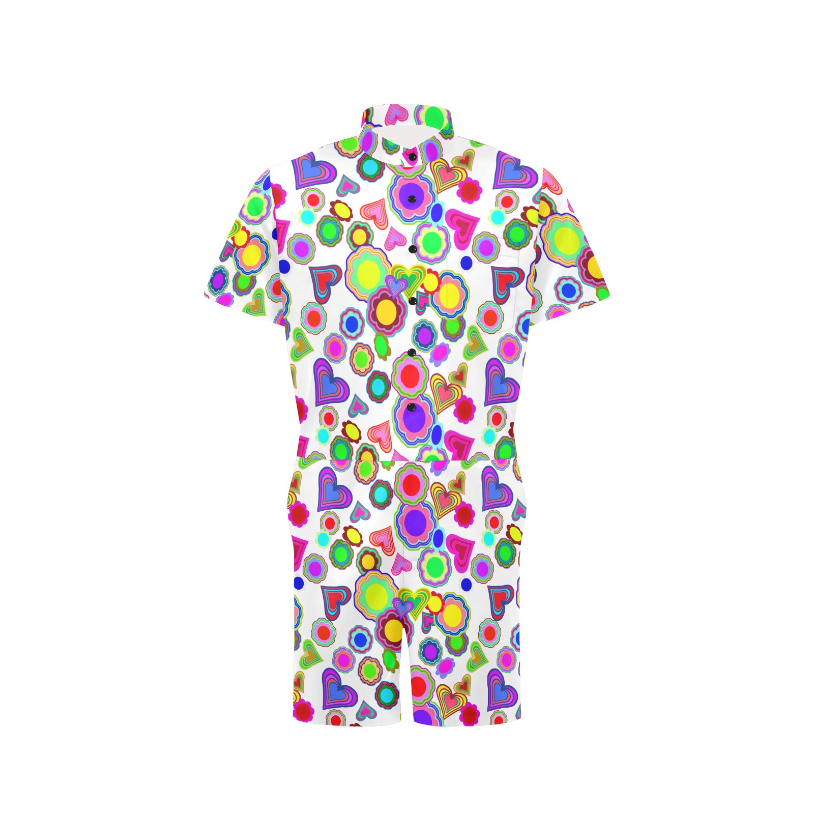 Groovy Hearts and Flowers White Men's Short Sleeve Jumpsuit