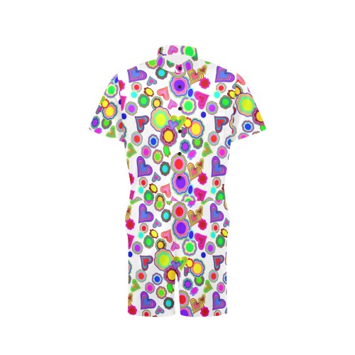Groovy Hearts and Flowers White Men's Short Sleeve Jumpsuit