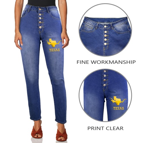 Yellow TEXAS word, map, longhorn head, art. Women's Jeans (Front Printing)