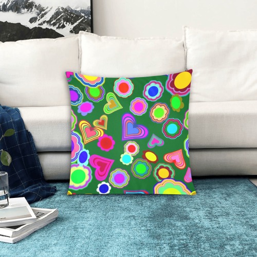 Groovy Hearts Flowers Pattern Green Custom Zippered Pillow Cases 20"x20" (Two Sides)