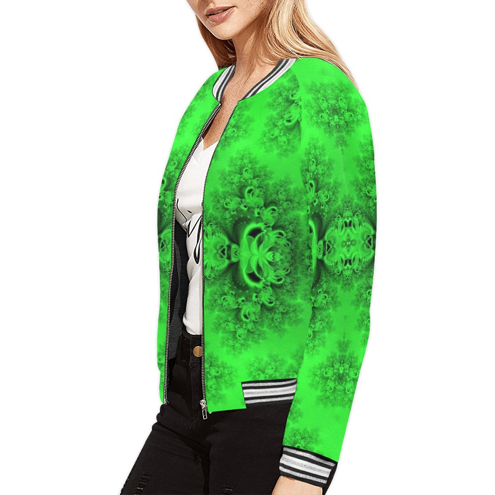 New Spring Forest Growth Frost Fractal All Over Print Bomber Jacket for Women (Model H21)