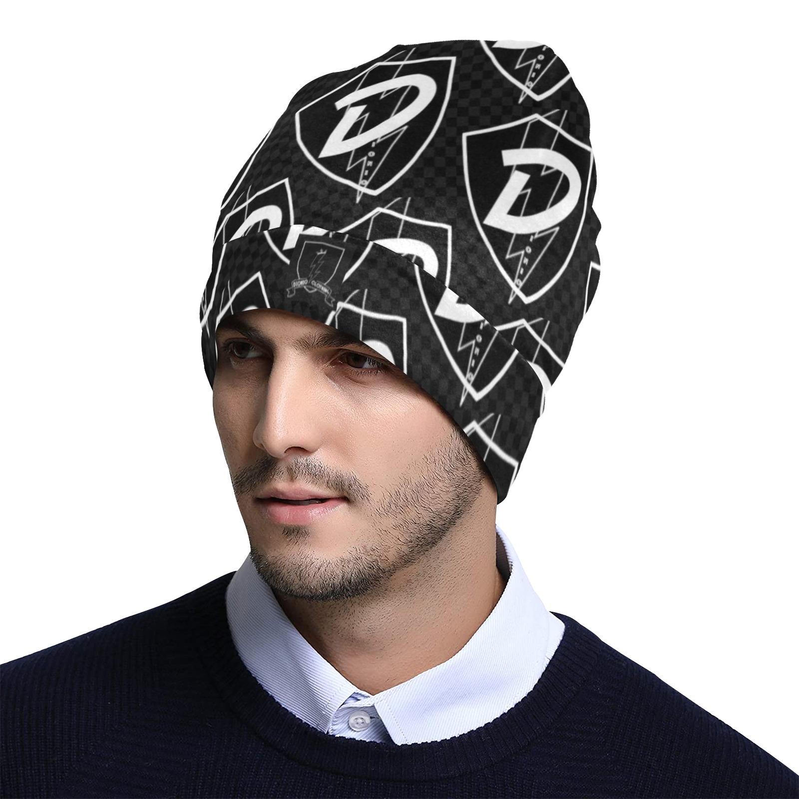 DIONIO Clothing - Black & White D Shield Repeat Grand Prix Beanie Hat All Over Print Beanie for Adults