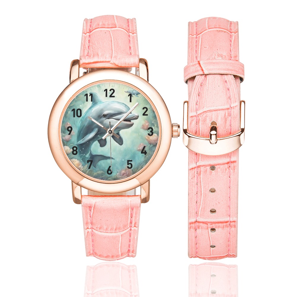 Dolphin Fantasy 8 Women's Rose Gold Leather Strap Watch(Model 201)