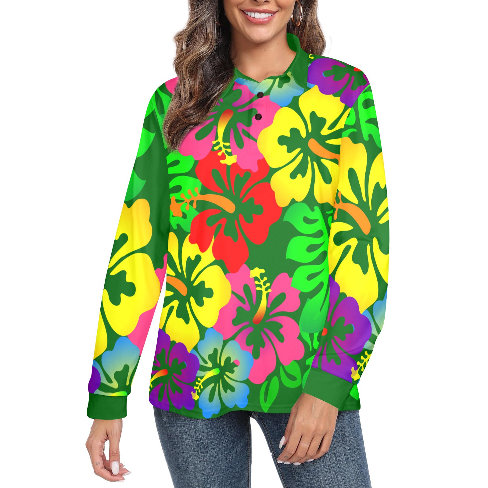 Hibiscus Hawaiian Flowers / Green Women's Long Sleeve Polo Shirt (Model T73)