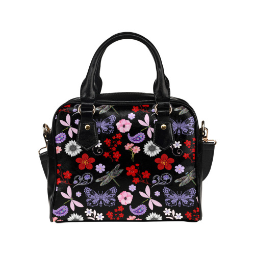 Black, Red, Pink, Purple, Dragonflies, Butterfly and Flowers Design Shoulder Handbag (Model 1634)