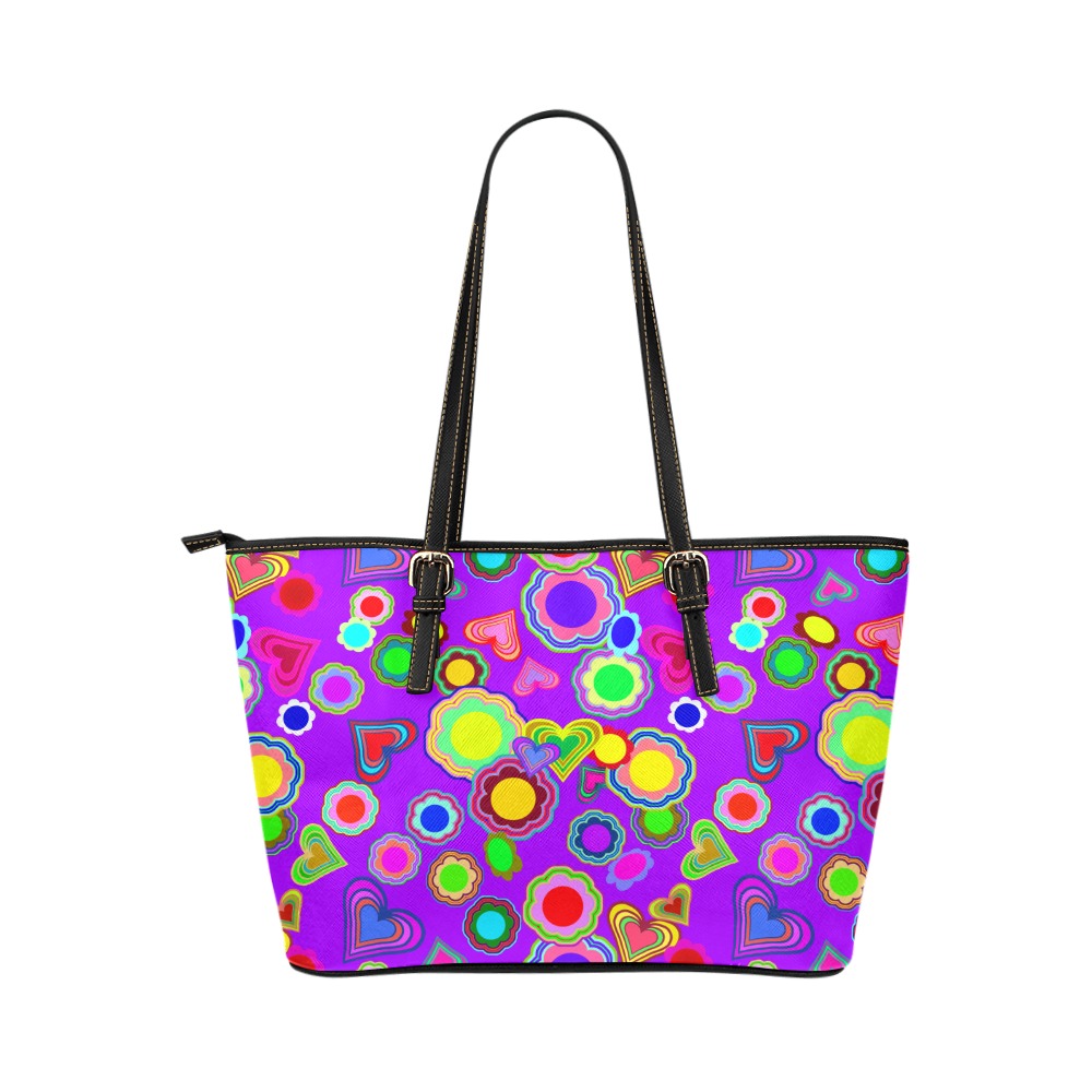 Groovy Hearts and Flowers Purple Leather Tote Bag/Small (Model 1651)