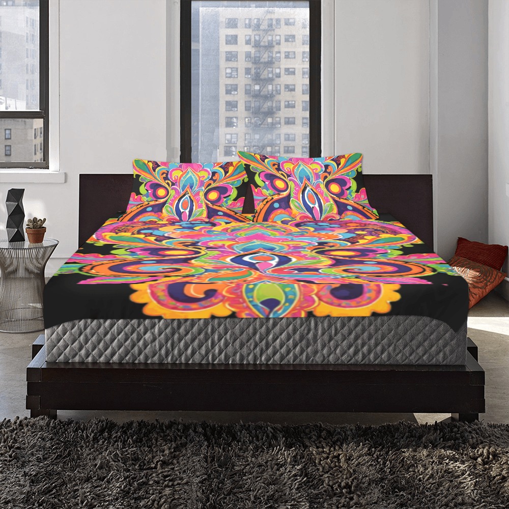 Abstract Retro Hippie Paisley Floral 3-Piece Bedding Set