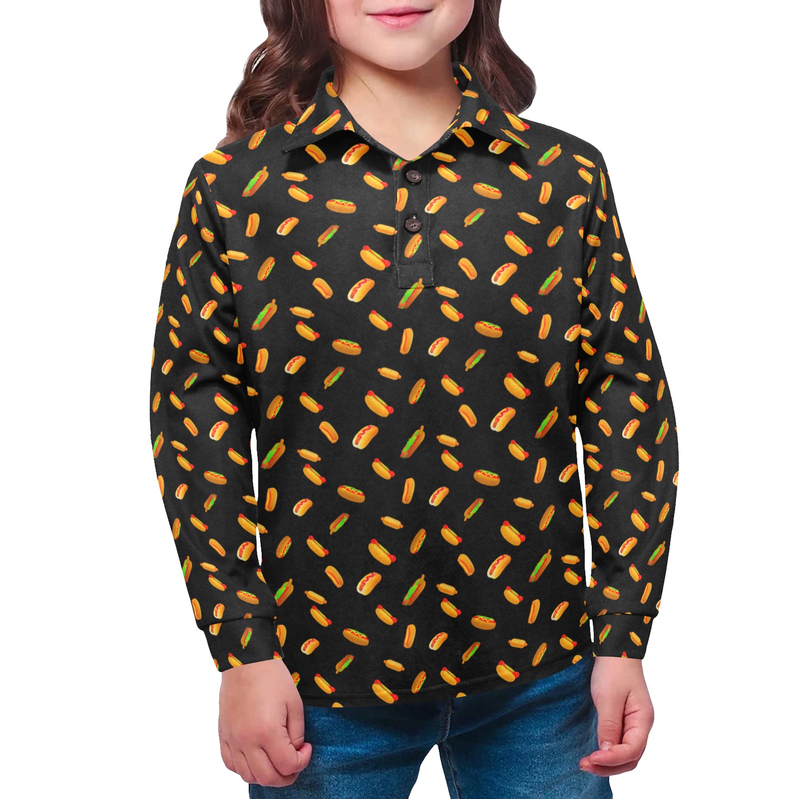 Hot Dog Pattern on Black Little Girls' All Over Print Long Sleeve Polo Shirt (Model T73)
