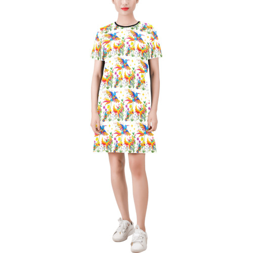 Birds of Paradise Pattern Short-Sleeve Round Neck A-Line Dress (Model D47)