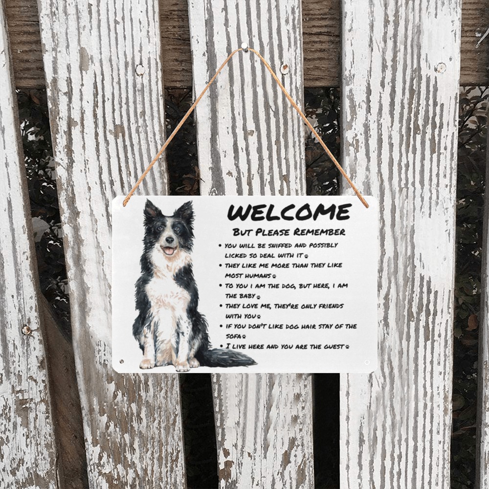 Welcome Happy Smiling Dog Metal Tin Sign 12"x8"