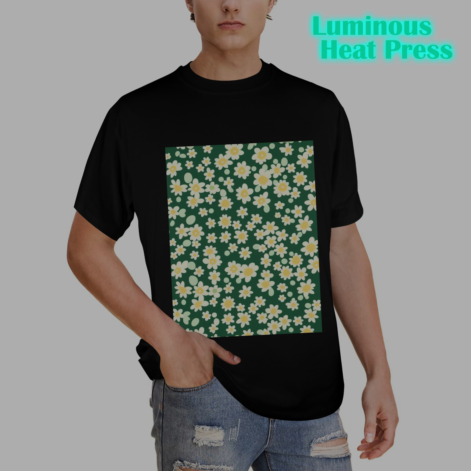mid century retro floral 1970s 1960s pattern 93 Men's Glow in the Dark T-shirt (Front Printing)