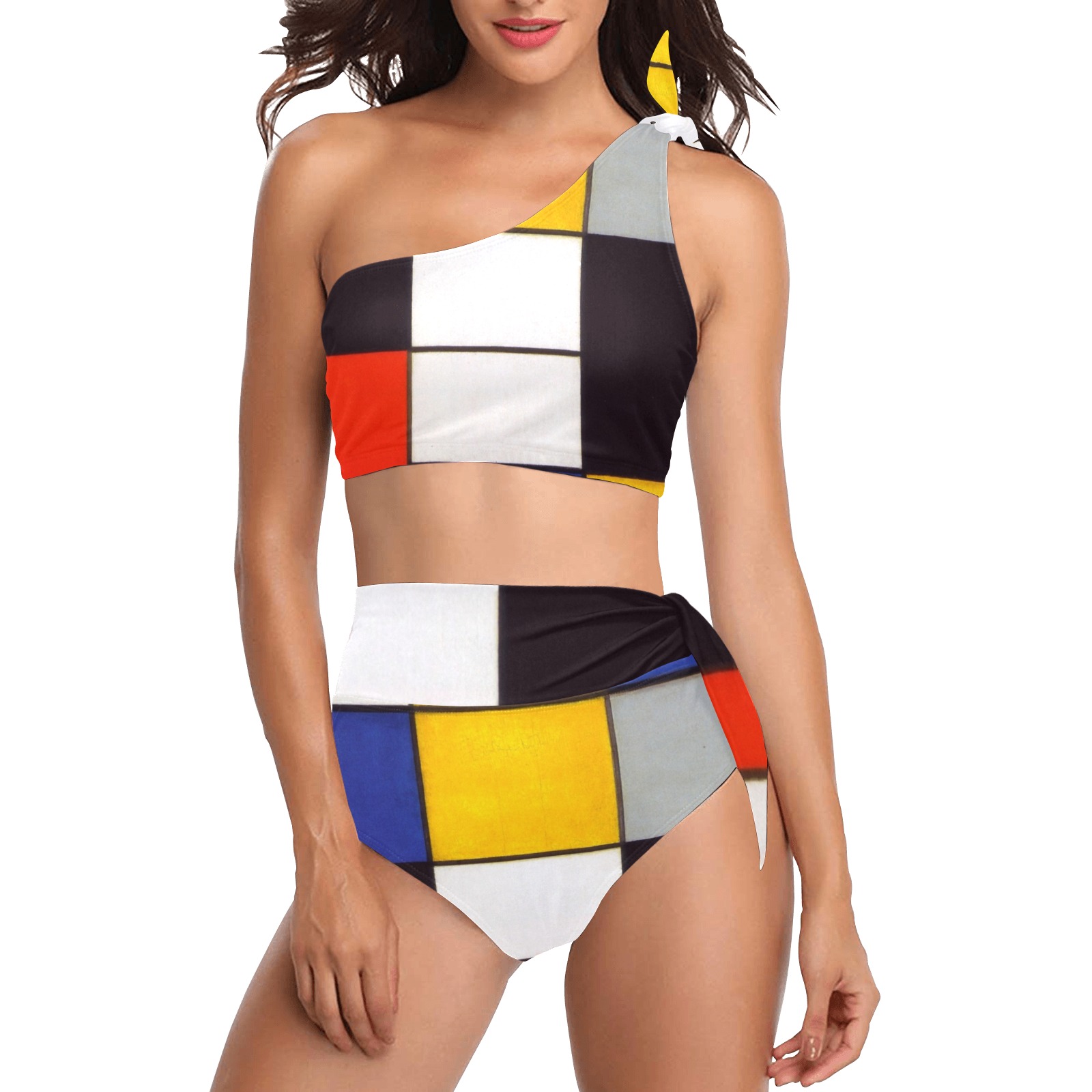 Composition A by Piet Mondrian High Waisted One Shoulder Bikini Set (Model S16)