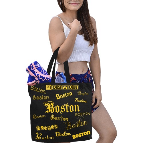 Boston Yellow Fonts on black background All Over Print Canvas Tote Bag/Large (Model 1699)