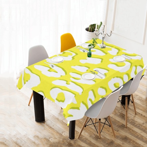 White Leopard Print Yellow Cotton Linen Tablecloth 60" x 90"