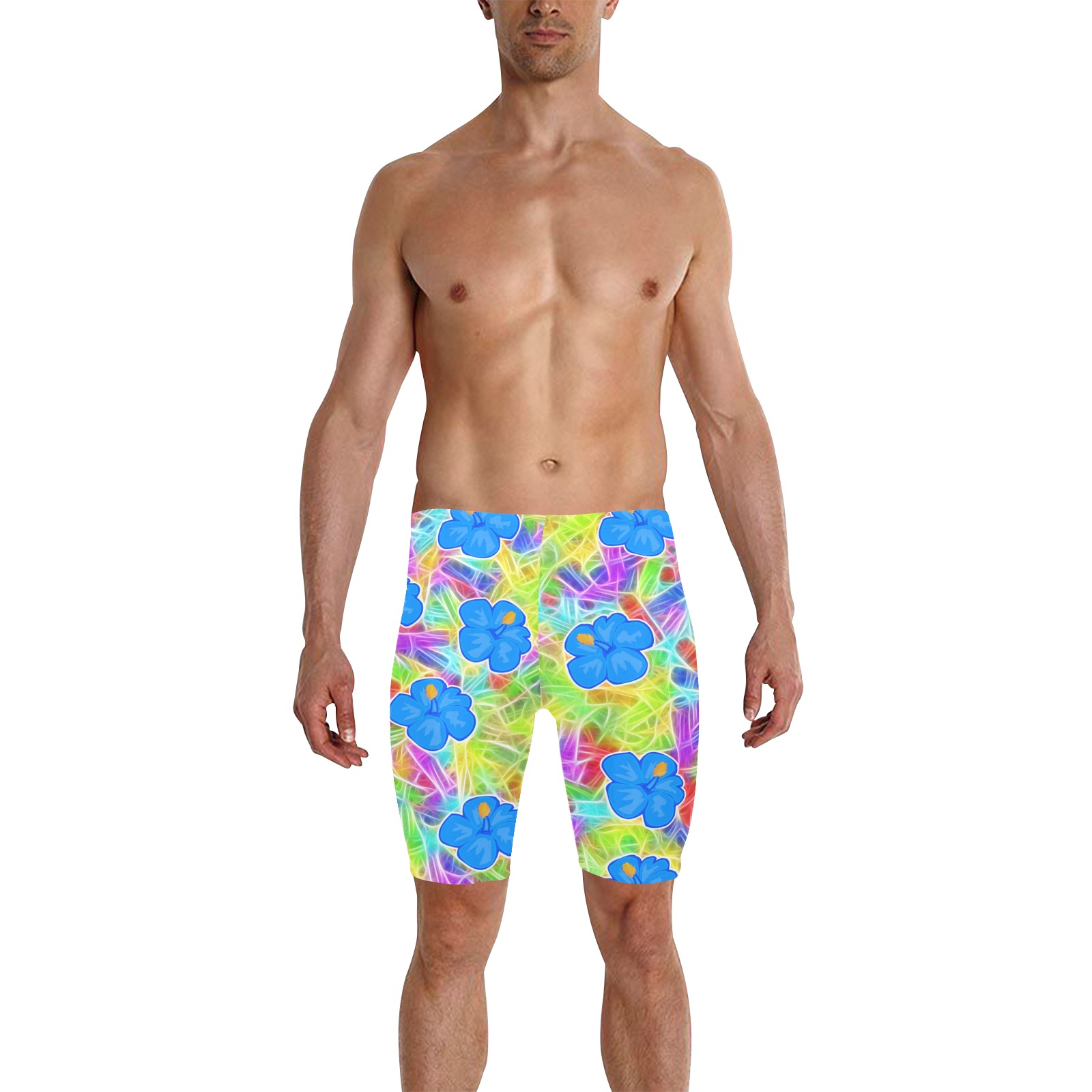 Blue Hawaiian Flowers Pattern Men's Knee Length Swimming Trunks (Model L58)