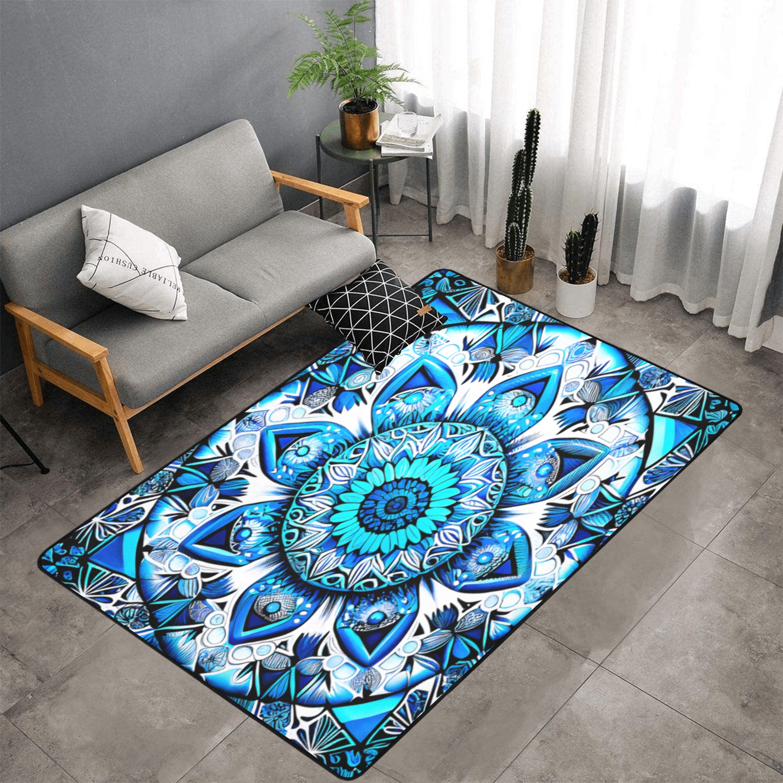 intricate pattern, white and ice blue Area Rug with Black Binding 7'x5'