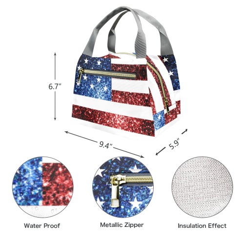 Sparkly USA flag America Red White Blue faux Sparkles patriotic bling 4th of July Portable Lunch Bag-Grey Handle (Model 1742)
