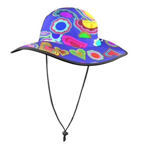 Groovy Hearts and Flowers Blue Wide Brim Bucket Hat