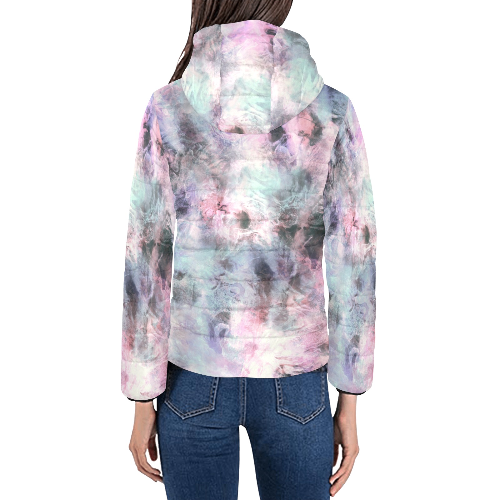 Colorful electric marbling Women's Padded Hooded Jacket (Model H46)