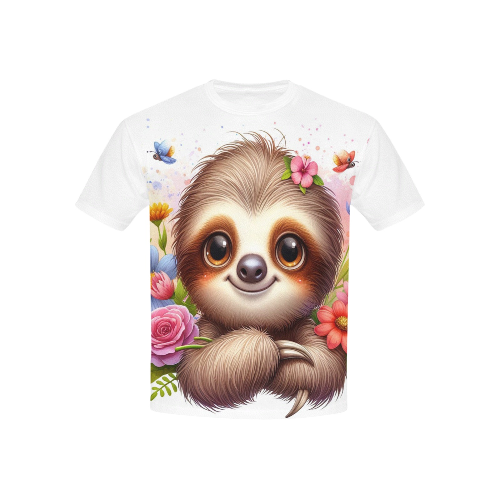 Watercolor Sloth 4 Kids' Mesh Cloth T-Shirt with Solid Color Neck (Model T40)