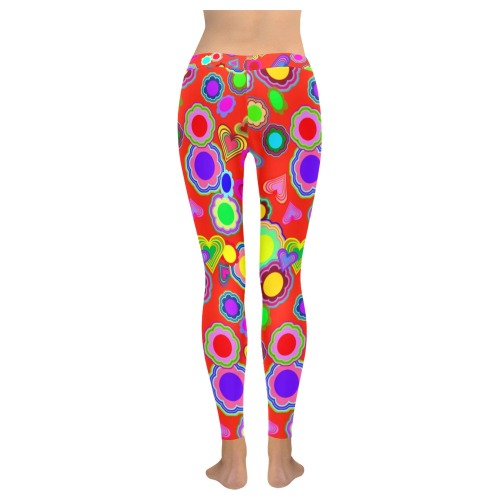 Groovy Hearts and Flowers Red Women's Low Rise Leggings (Invisible Stitch) (Model L05)