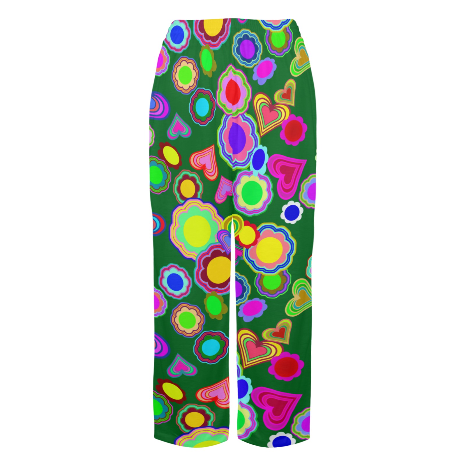 Groovy Hearts and Flowers Green Women's Pajama Trousers without Pockets