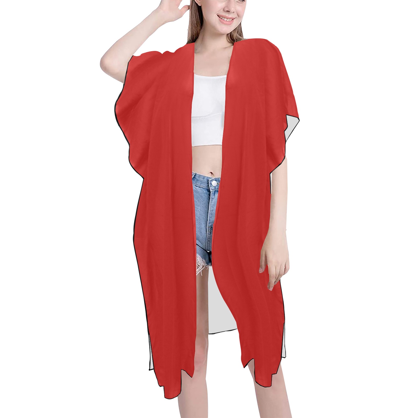 Solid Colors Red Mid-Length Side Slits Chiffon Cover Ups (Model H50)
