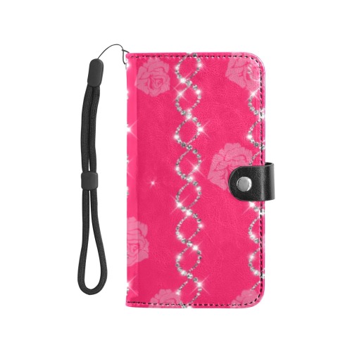 Pink Rose Bling Flip Leather Purse for Mobile Phone/Large (Model 1703)