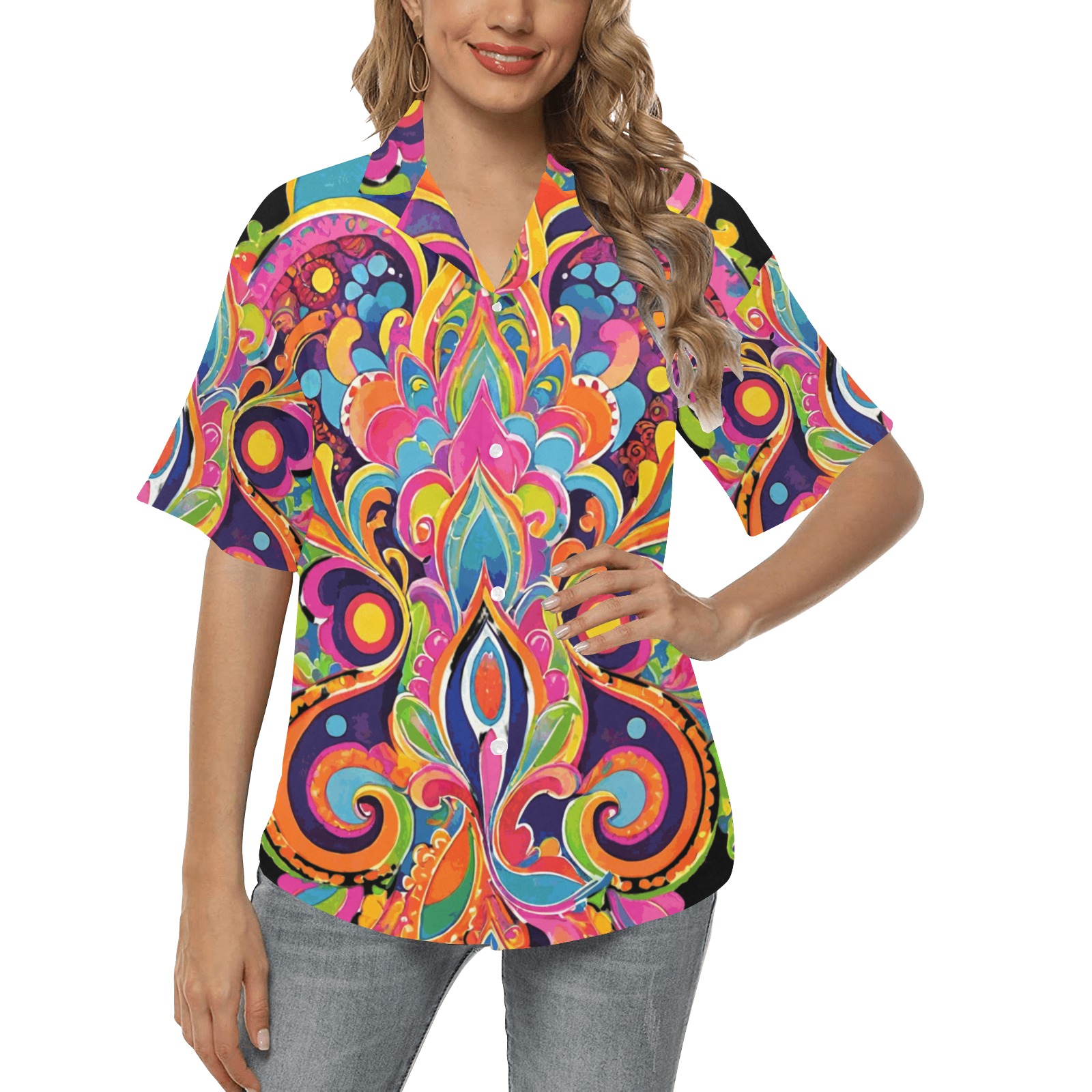 Abstract Retro Hippie Paisley Floral All Over Print Hawaiian Shirt for Women (Model T58)