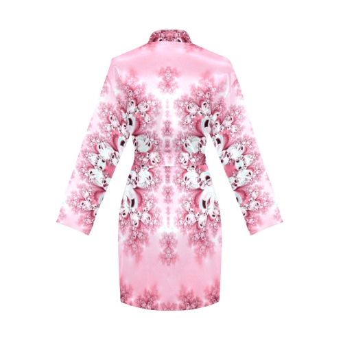 Pink Rose Garden Frost Fractal Women's Long Sleeve Belted Night Robe