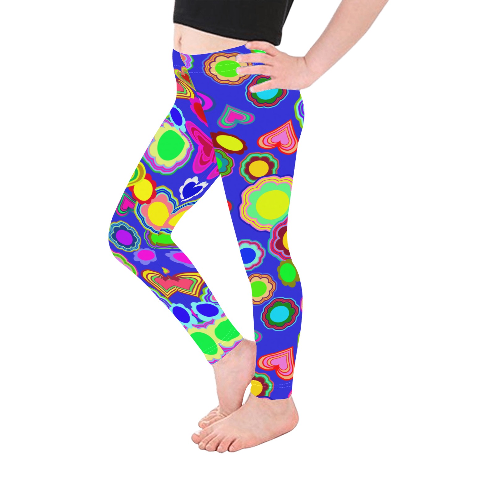 Groovy Hearts and Flowers Blue Kid's Ankle Length Leggings (Model L06)