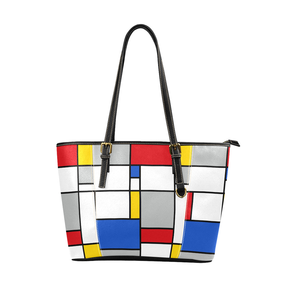 Geometric Retro Mondrian Style Color Composition Leather Tote Bag/Large (Model 1640)