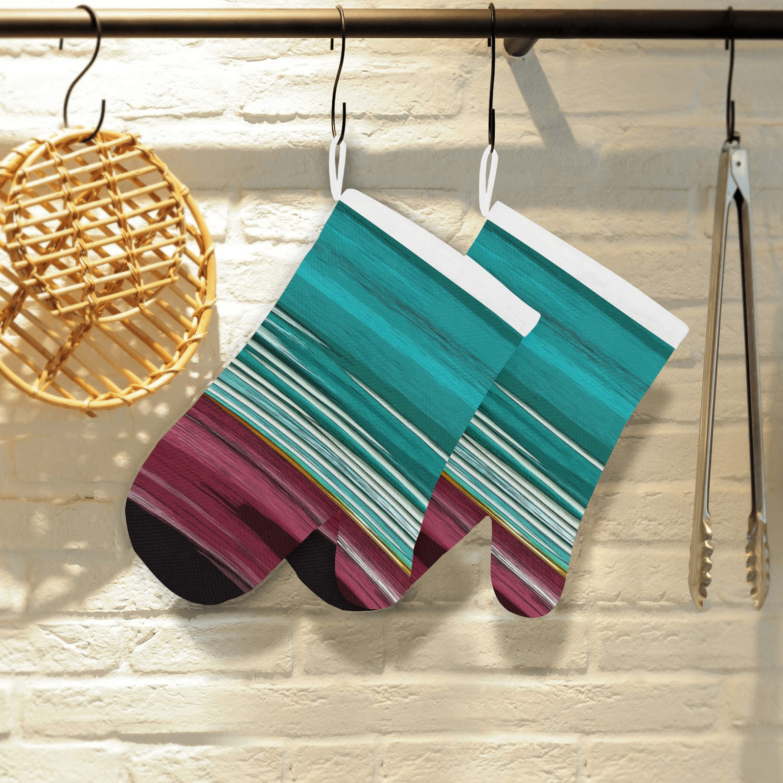 Abstract Red And Turquoise Horizontal Stripes Linen Oven Mitt (Two Pieces)