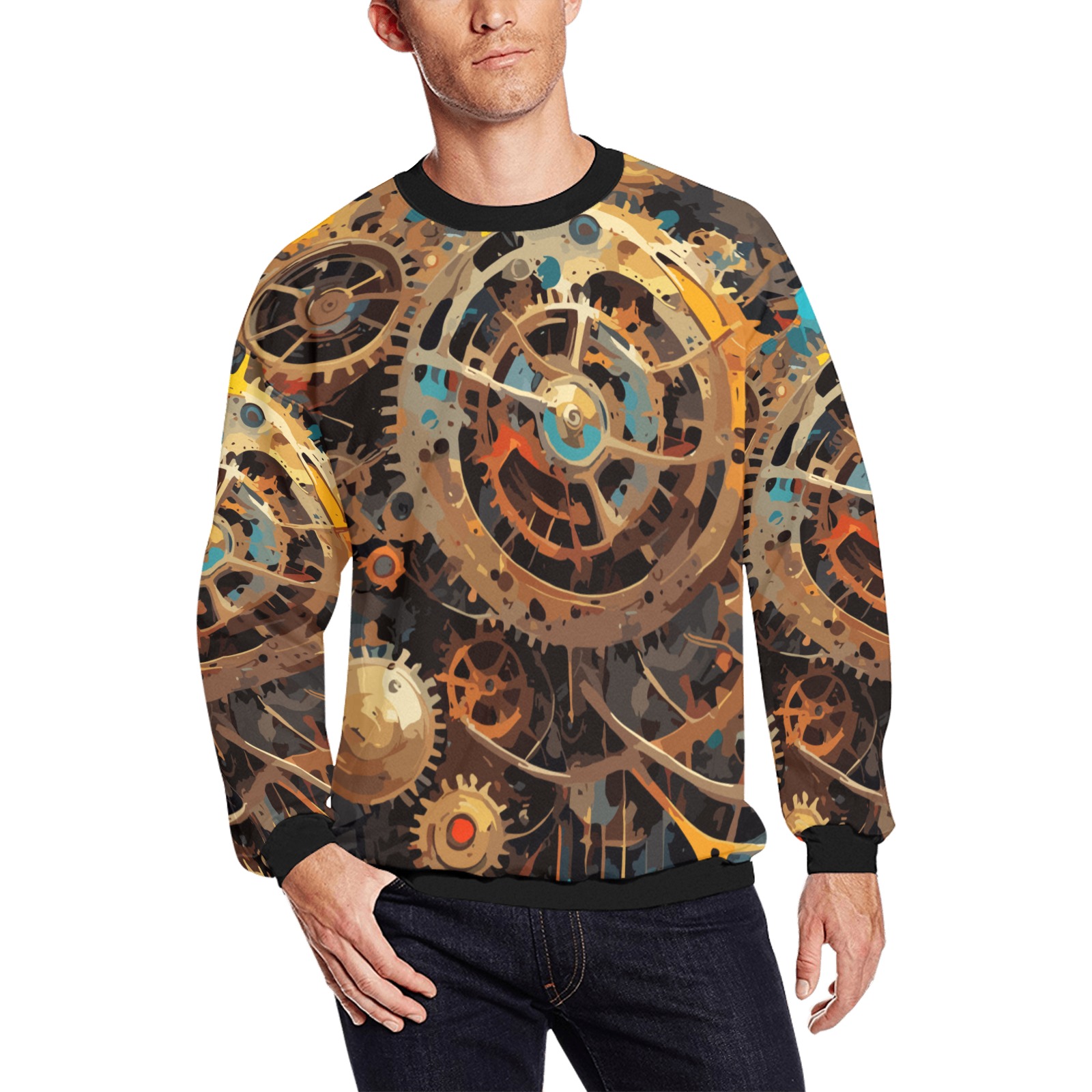 Retro Mechanical Gear Trendy Colorful Abstract Art Men's Oversized Fleece Crew Sweatshirt (Model H18)
