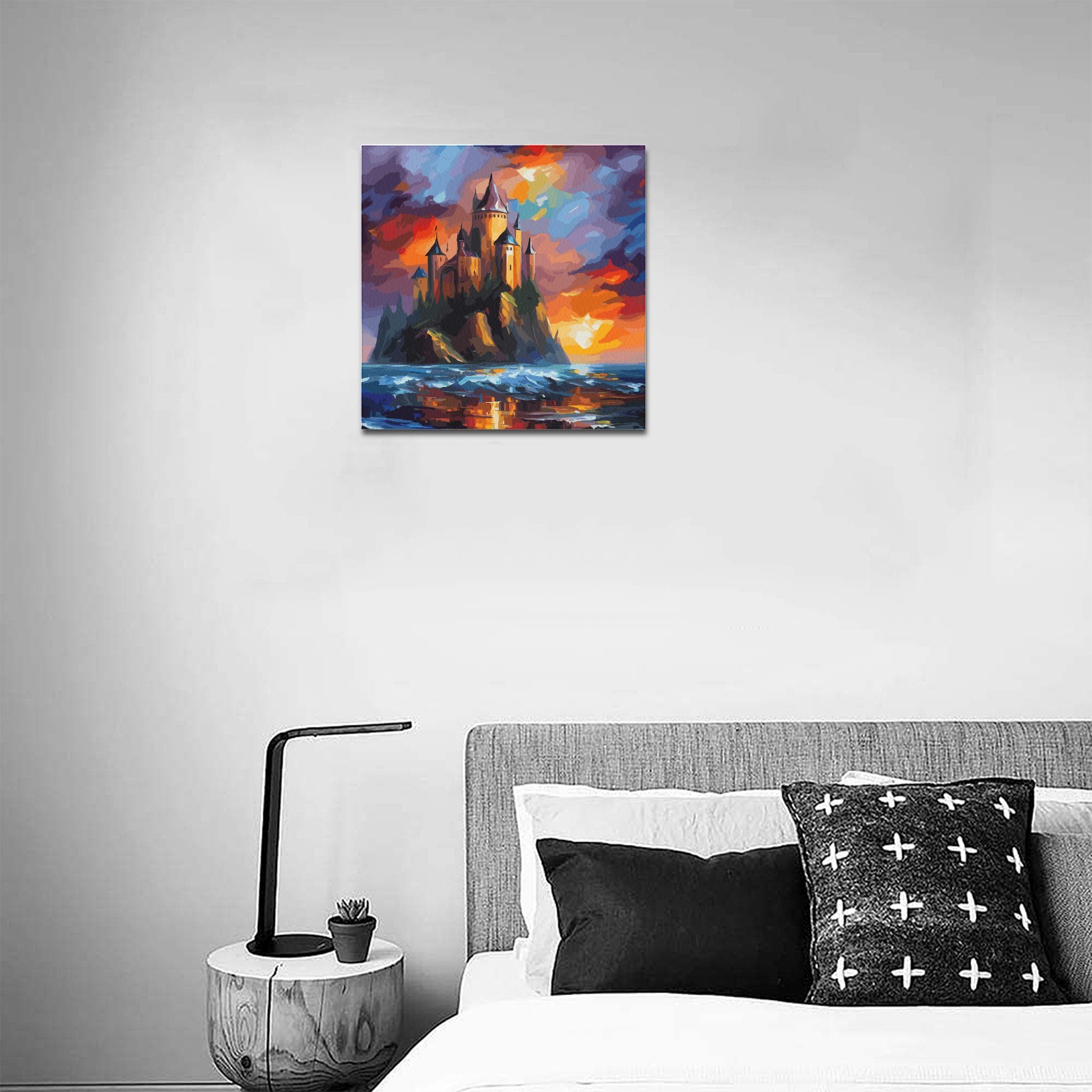 Cool fantasy castle on an island. Ocean sunset. Upgraded Canvas Print 16"x16"