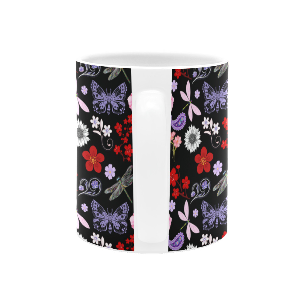 Black, Red, Pink, Purple, Dragonflies, Butterfly and Flowers Design White Mug(11OZ)