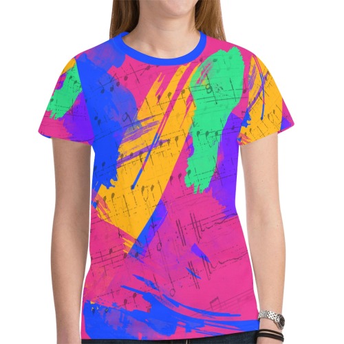 Groovy Paint Brush Strokes with Music Notes New All Over Print T-shirt for Women (Model T45)