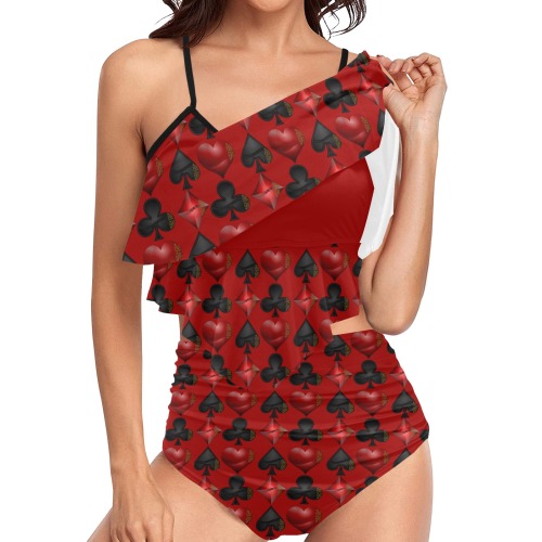 Las Vegas Black and Red Card Shapes Red High Waisted Double Ruffle Bikini Set (Model S34)