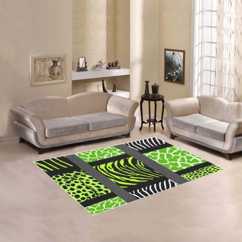 White and Light Green Mixed Animal Print Area Rug 5'3''x4'