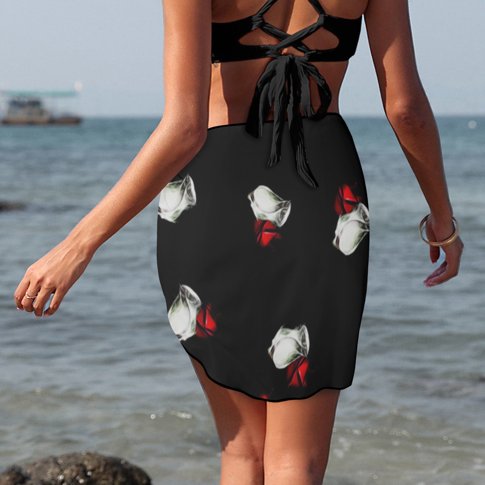 White and Red Roses Beach Sarong Wrap