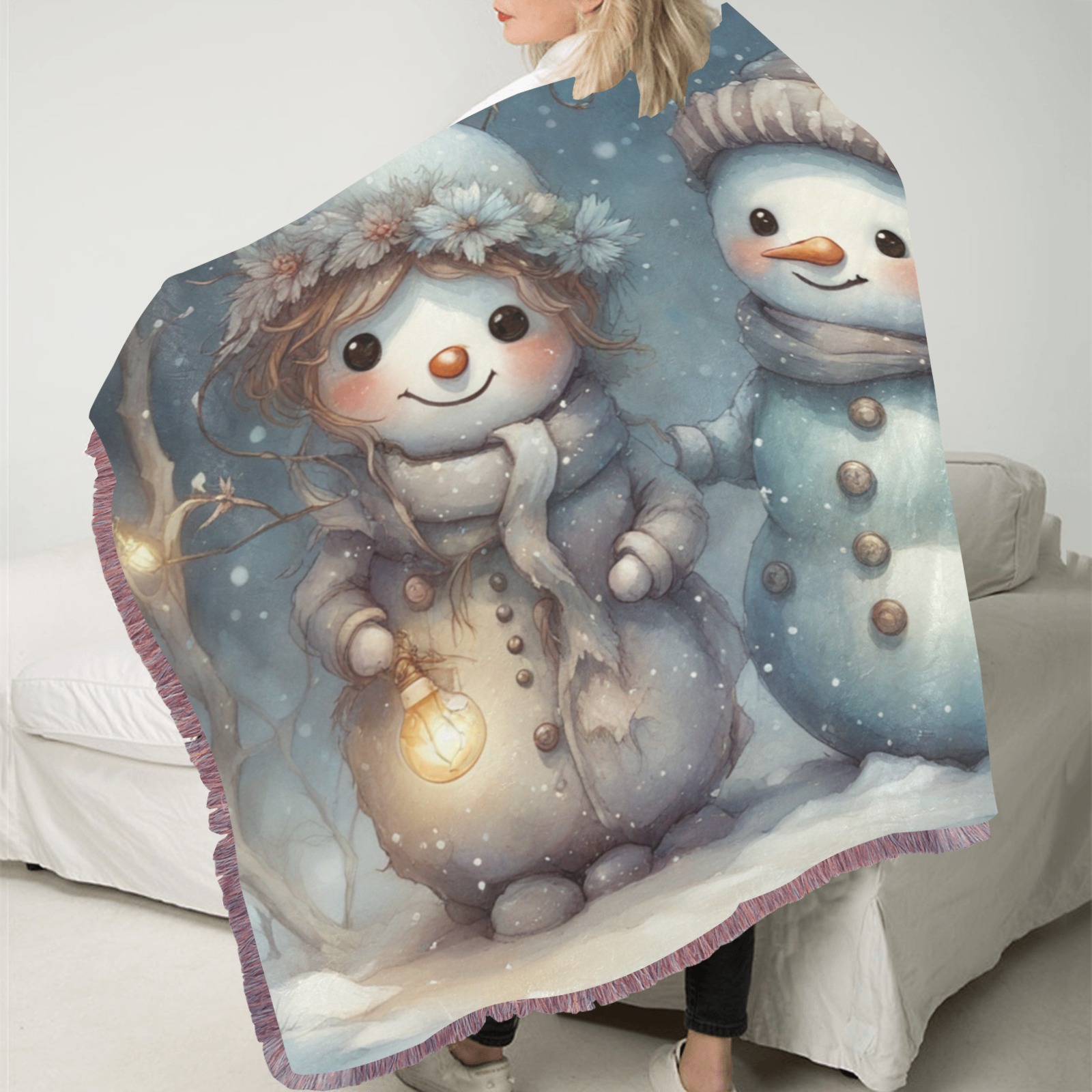 Snowman Couple Ultra-Soft Fringe Blanket 60"x80" (Mixed Pink)