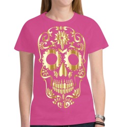 Golden Sugar Skull Hot Pink New All Over Print T-shirt for Women (Model T45)