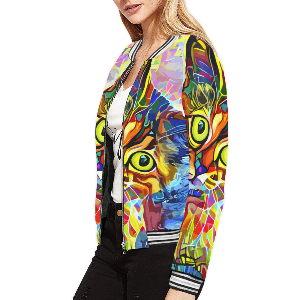 Abstract Cat Face Artistic Pet Portrait Painting All Over Print Bomber Jacket for Women (Model H21)