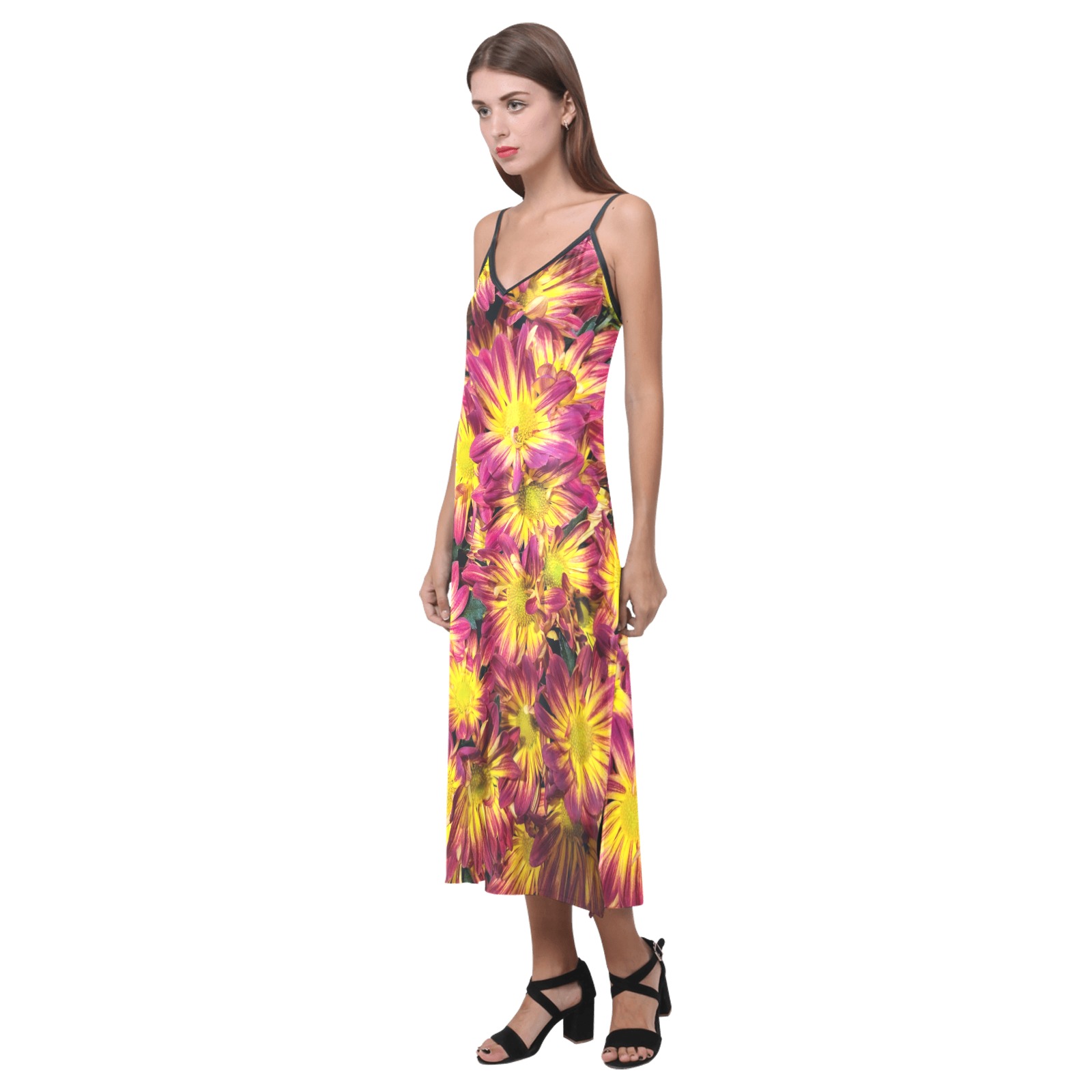 Floral Beauty V-Neck Open Fork Long Dress(Model D18)