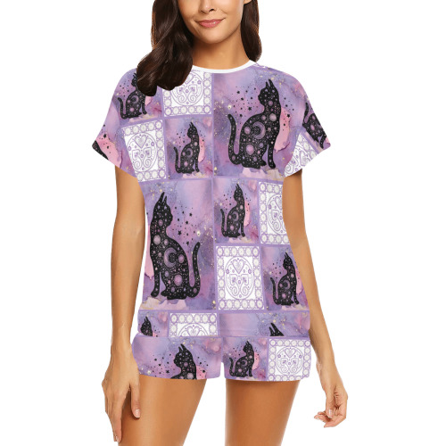 Purple Cosmic Cats Patchwork Pattern Women's Short Pajama Set