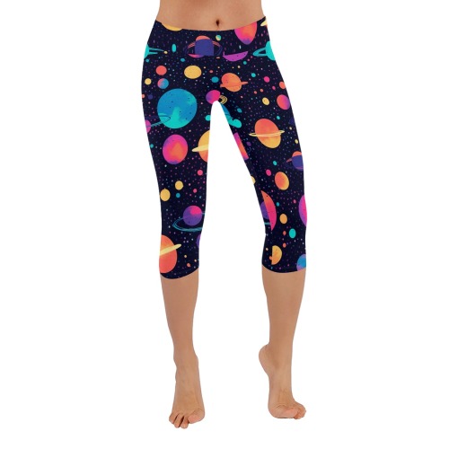 Planets colorful on black background Women's Low Rise Capri Leggings (Invisible Stitch) (Model L08)