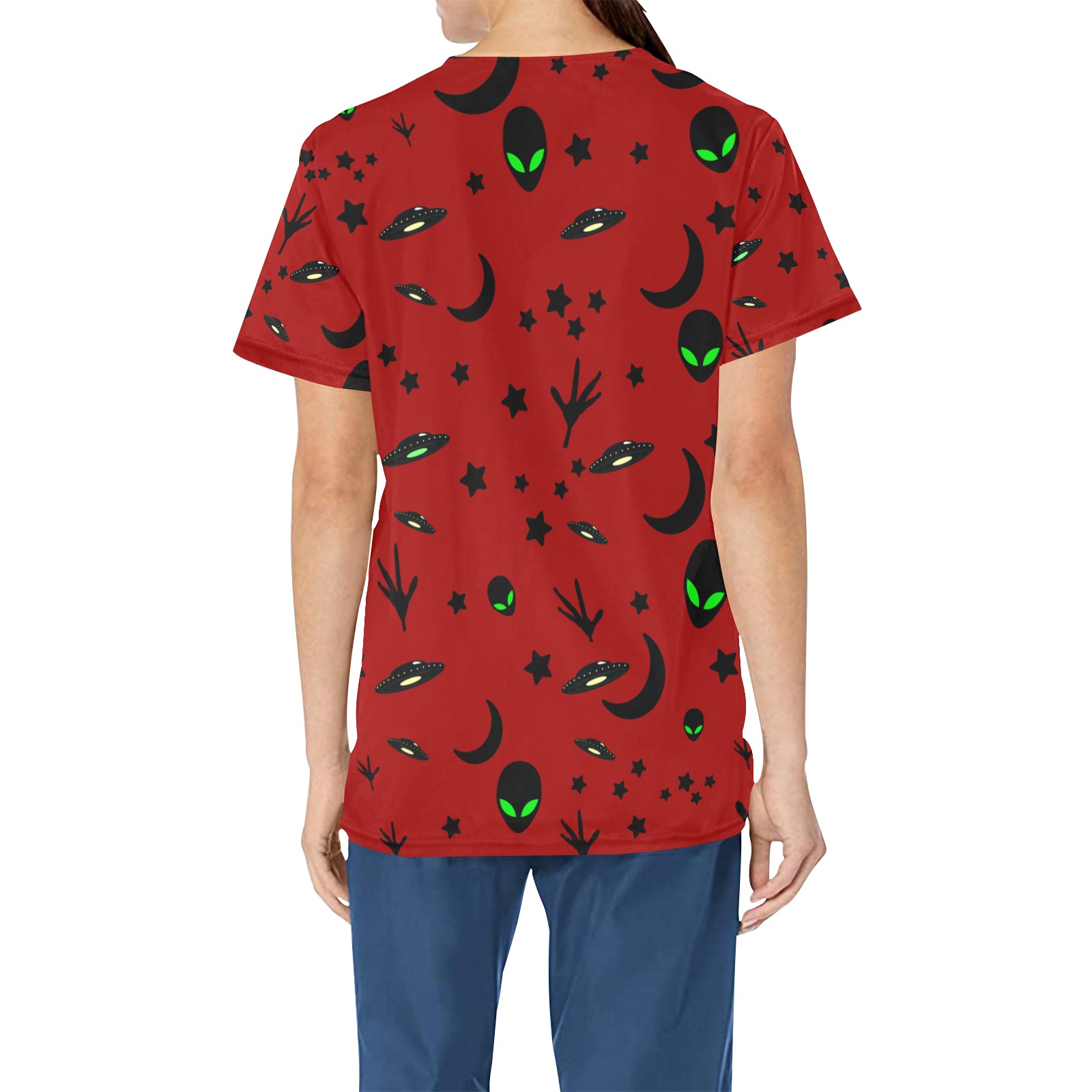 Aliens and Spaceships - Red All Over Print Scrub Top