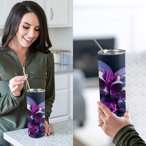 Purple Double Skull With Roses - 20oz Tall Skinny Tumbler with Lid and Straw